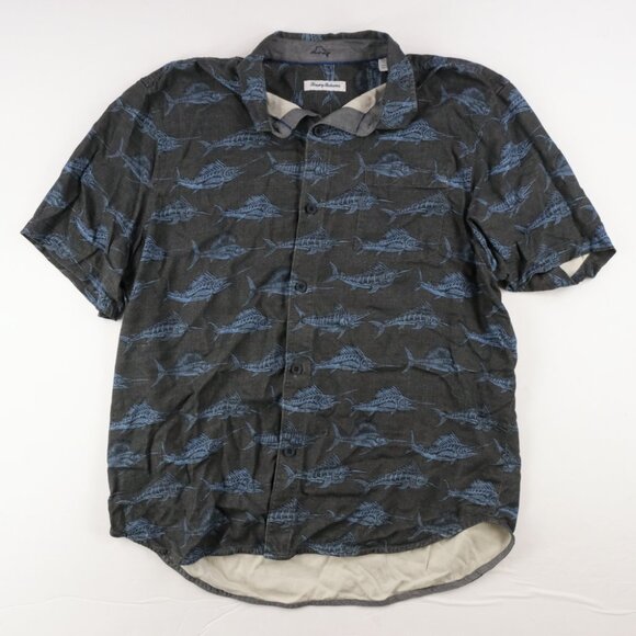 Tommy Bahama Short Sleeve Marlin Bar Hawaiian Silk Button Shirt Men's XL Gray - Picture 2 of 7